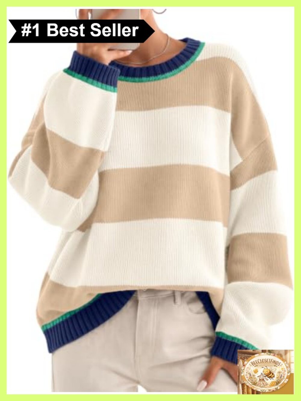Oversized Striped Cotton Blend Crewneck Pullover Sweater Womens Fall Knit Top